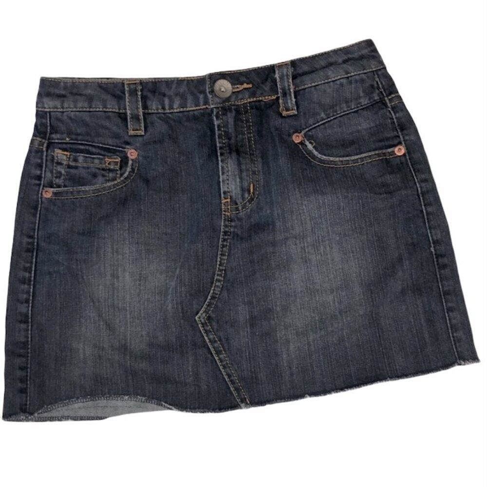 7 For All Mankind Denim Mini Skirt - Raw Hemline - Size 10 - Dark Wash